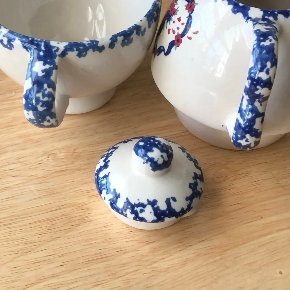 Nantucket Country Hearts Stacking Tea Pot & Cup 16oz Tea for One Vintage Ceramic
